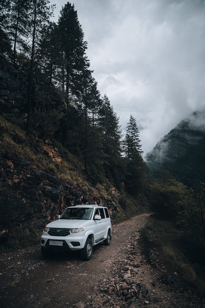 creative-03 A white SUV travels on a rugged dirt road through a mountainous forest setting under cloudy skies.